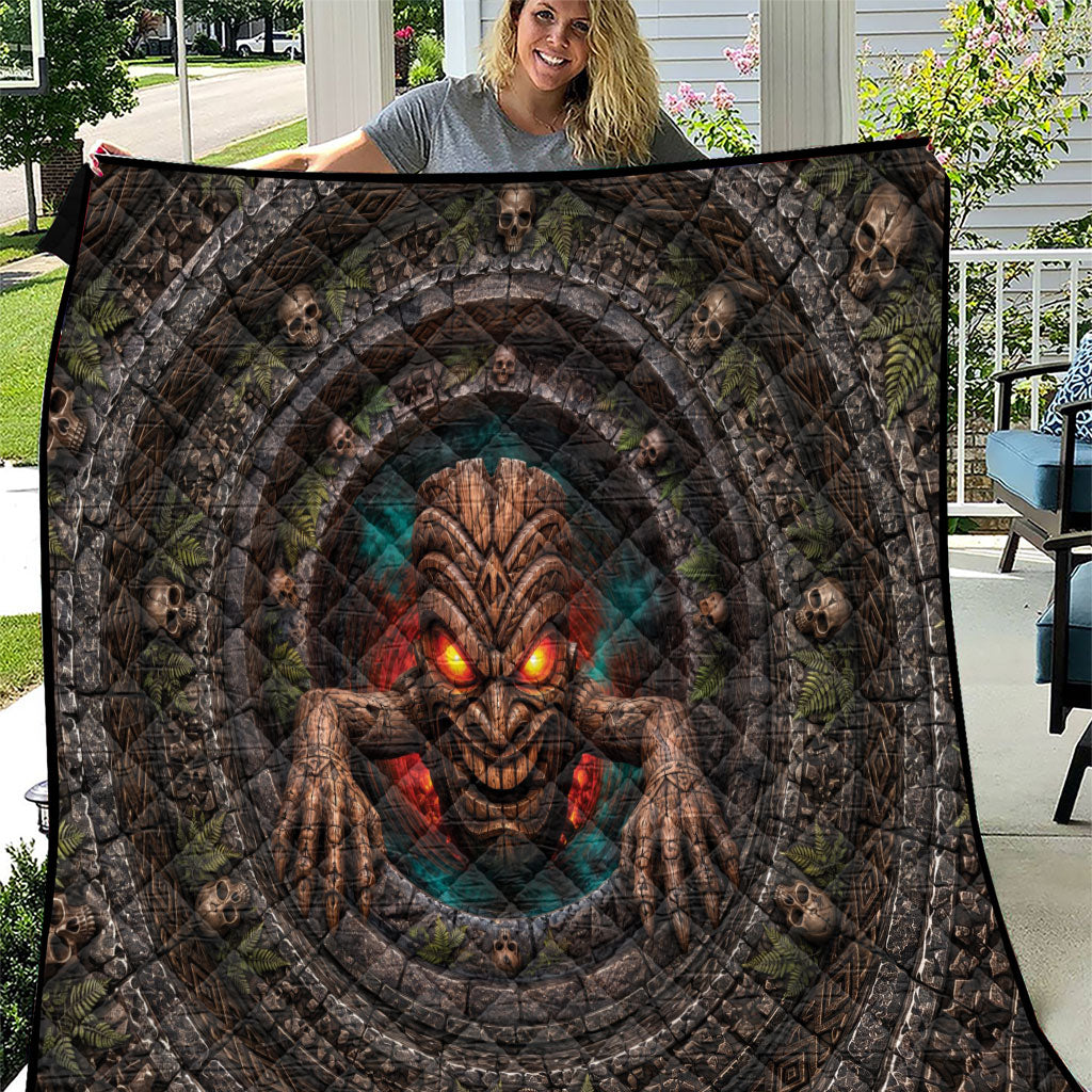 3D Illusion Haunted Tiki Totem Halloween Quilt Polynesian Wood Spirit Fiery DT05 Brown - Polynesian Pride