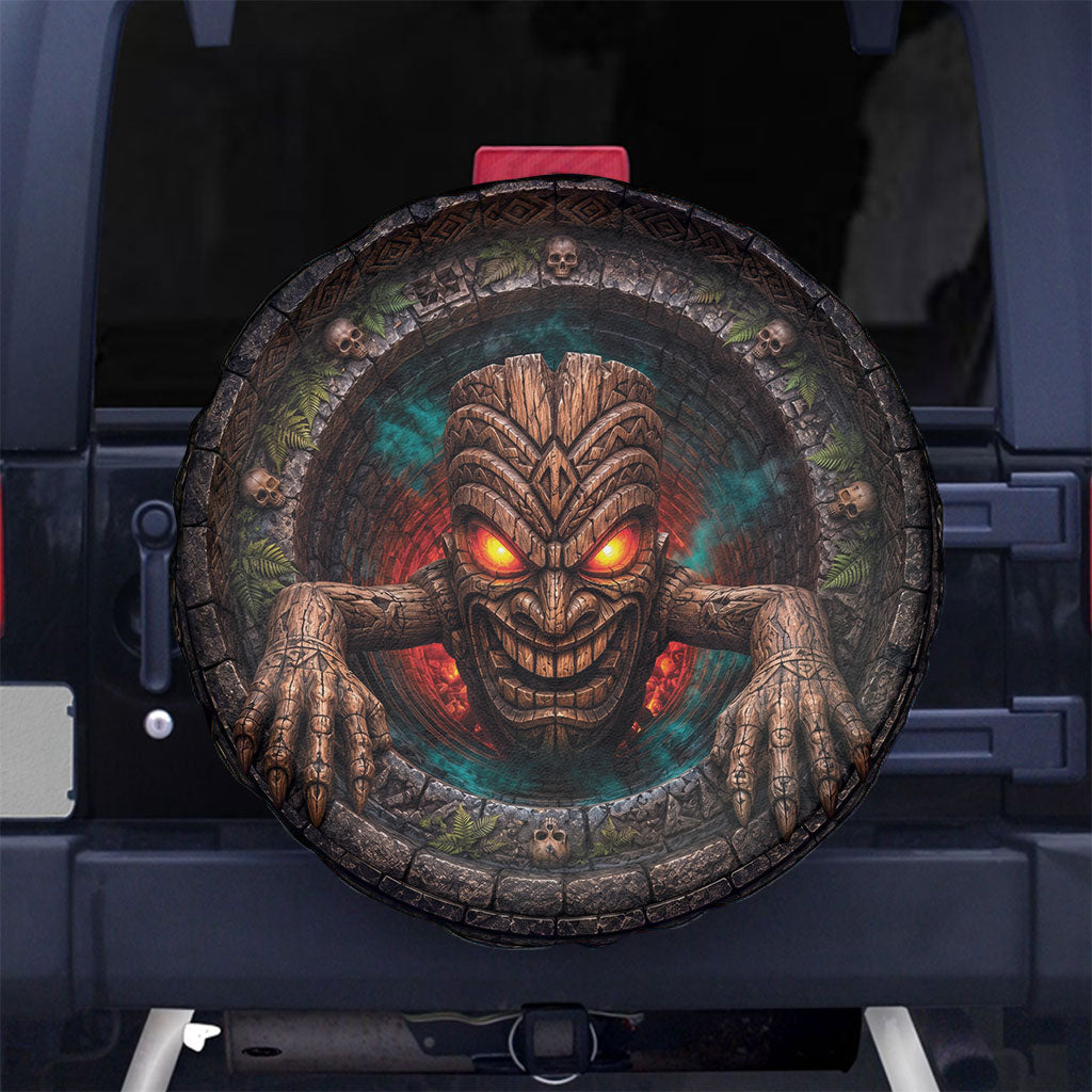 3D Illusion Haunted Tiki Totem Halloween Spare Tire Cover Polynesian Wood Spirit Fiery DT05 No hole Brown - Polynesian Pride