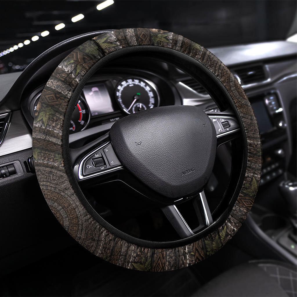 3D Illusion Haunted Tiki Totem Halloween Steering Wheel Cover Polynesian Wood Spirit Fiery DT05 Universal Fit Brown - Polynesian Pride