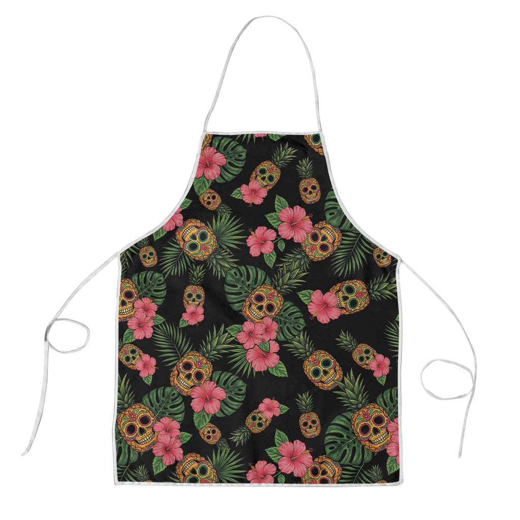 Tropical Calavera Hawaiian Apron Sugar Skull Pineapple Hibiscus Floral DT05 Black - Polynesian Pride