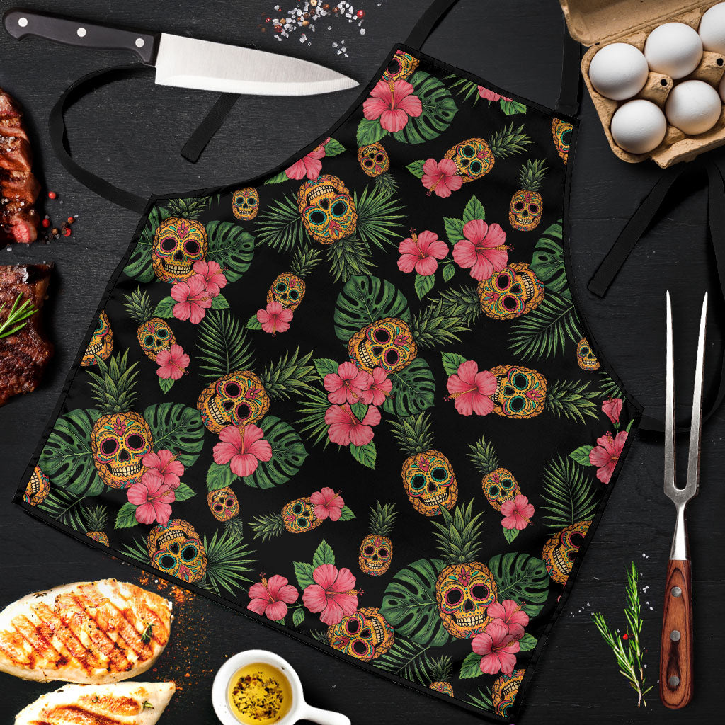 Tropical Calavera Hawaiian Apron Sugar Skull Pineapple Hibiscus Floral DT05 Black - Polynesian Pride