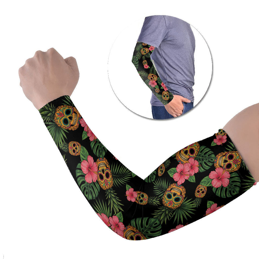 Tropical Calavera Hawaiian Arm Sleeves Sugar Skull Pineapple Hibiscus Floral DT05 Set of 2 Black - Polynesian Pride