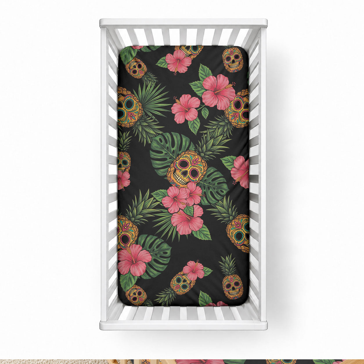 Tropical Calavera Hawaiian Baby Bed Cover Sugar Skull Pineapple Hibiscus Floral DT05 28 × 52 in Black - Polynesian Pride