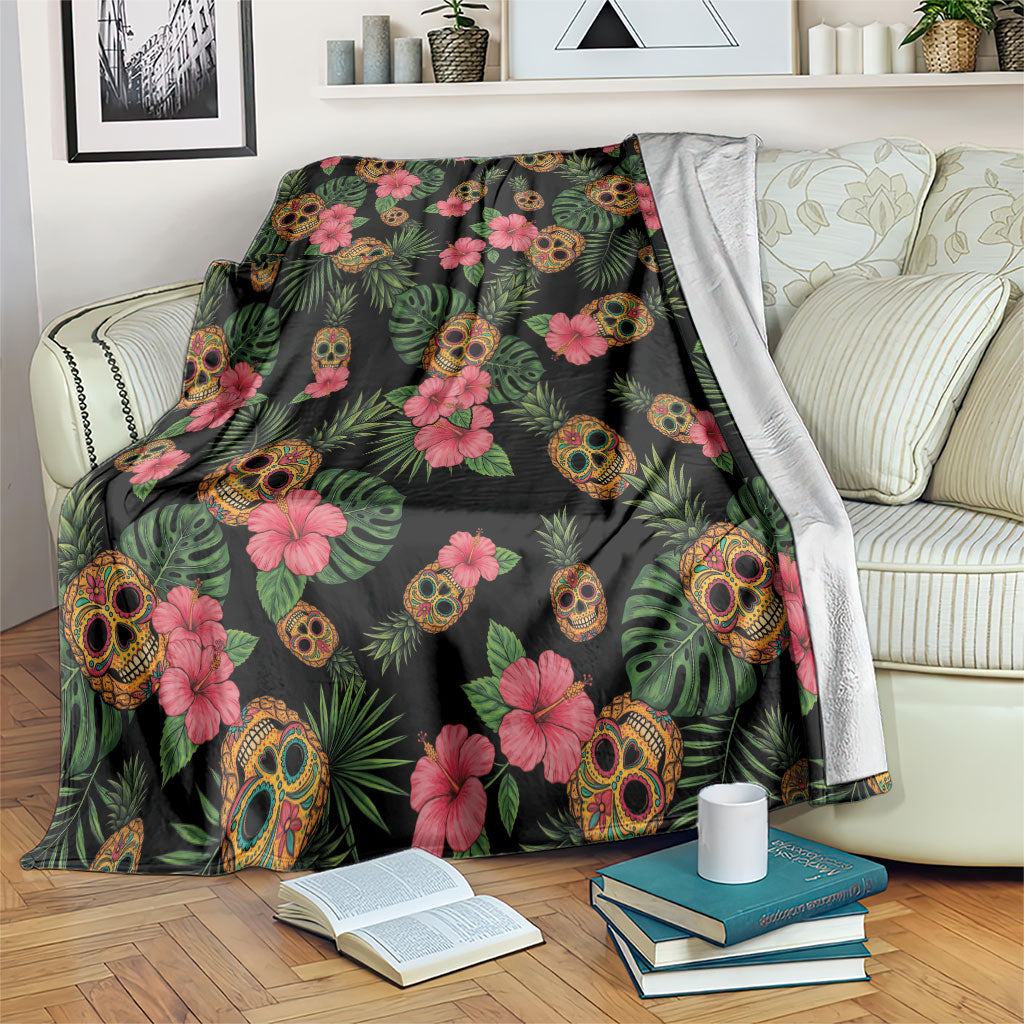 Tropical Calavera Hawaiian Blanket Sugar Skull Pineapple Hibiscus Floral DT05 Black - Polynesian Pride