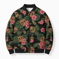 Tropical Calavera Hawaiian Bomber Puffer Jacket Sugar Skull Pineapple Hibiscus Floral DT05 Unisex Black - Polynesian Pride