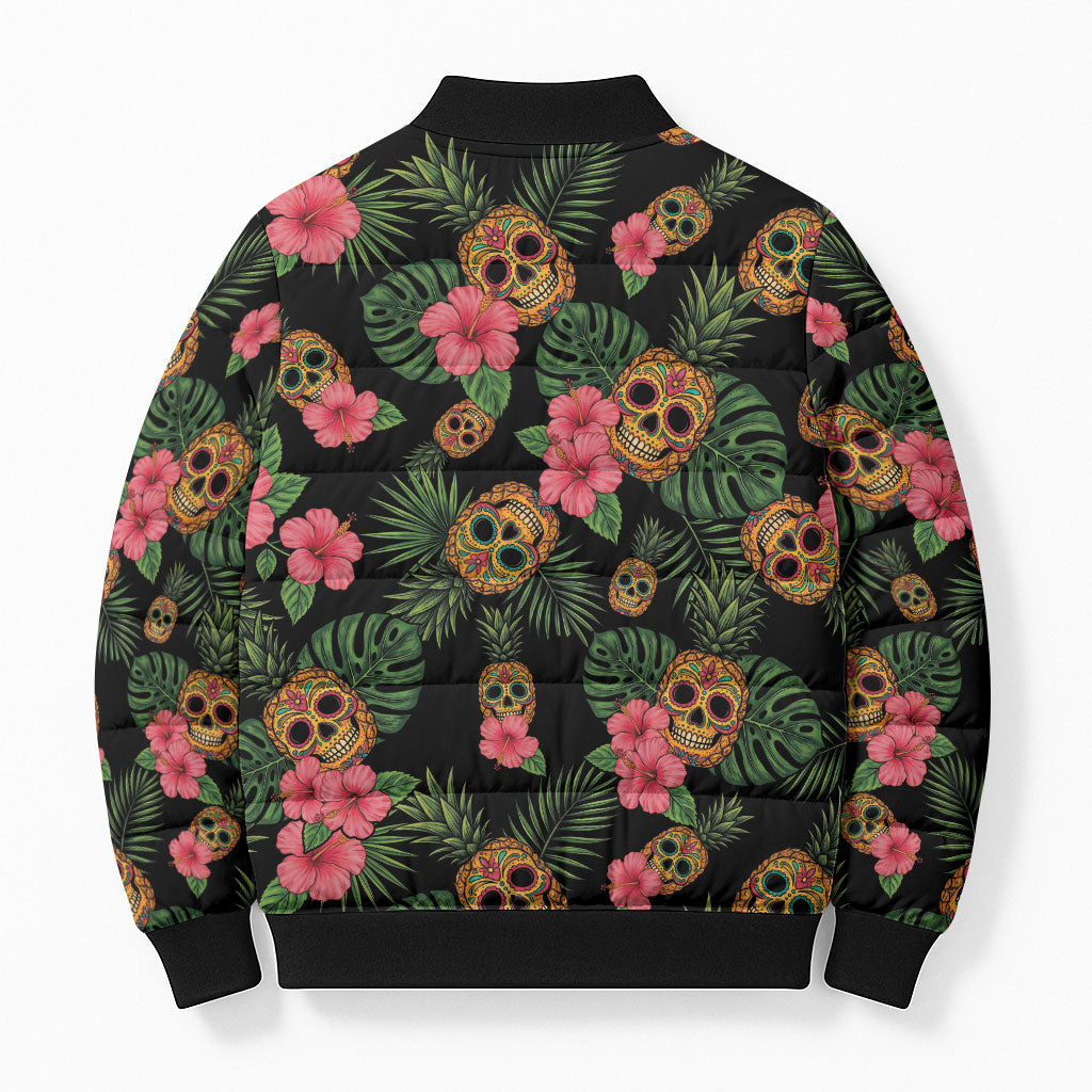 Tropical Calavera Hawaiian Bomber Puffer Jacket Sugar Skull Pineapple Hibiscus Floral DT05 - Polynesian Pride