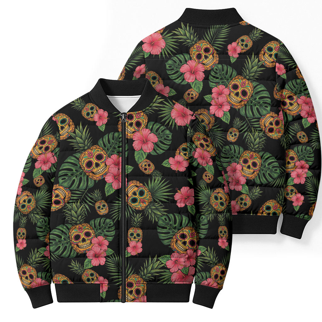 Tropical Calavera Hawaiian Bomber Puffer Jacket Sugar Skull Pineapple Hibiscus Floral DT05 - Polynesian Pride