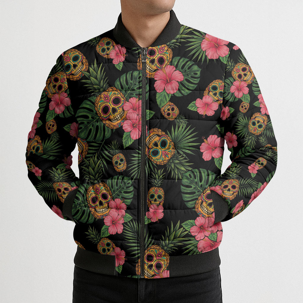 Tropical Calavera Hawaiian Bomber Puffer Jacket Sugar Skull Pineapple Hibiscus Floral DT05 - Polynesian Pride