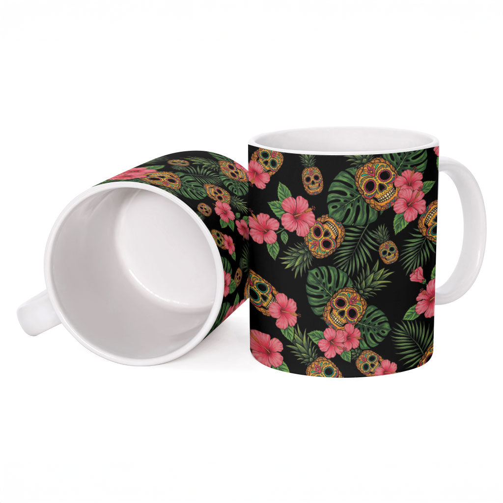 Tropical Calavera Hawaiian Ceramic Mug Sugar Skull Pineapple Hibiscus Floral DT05 - Polynesian Pride
