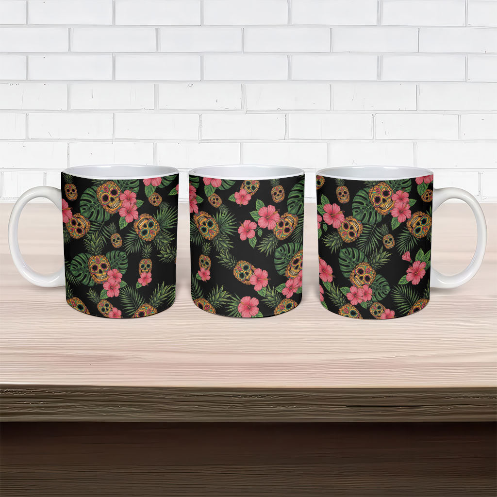 Tropical Calavera Hawaiian Ceramic Mug Sugar Skull Pineapple Hibiscus Floral DT05 - Polynesian Pride