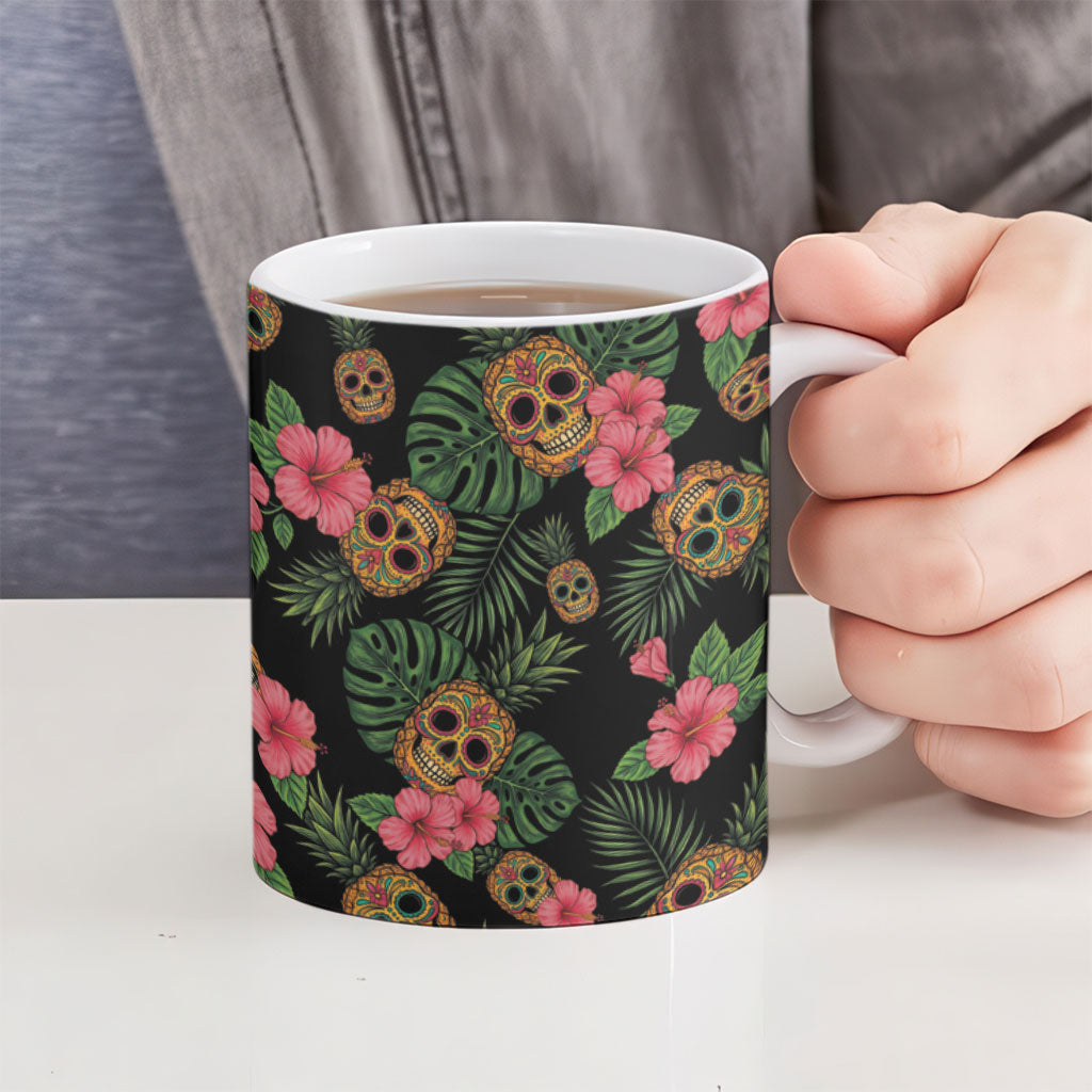 Tropical Calavera Hawaiian Ceramic Mug Sugar Skull Pineapple Hibiscus Floral DT05 - Polynesian Pride