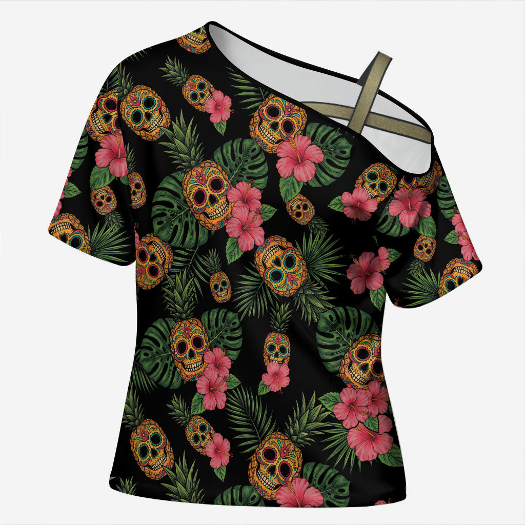 Tropical Calavera Hawaiian Cross Shoulder Shirt Sugar Skull Pineapple Hibiscus Floral DT05 Female Black - Polynesian Pride