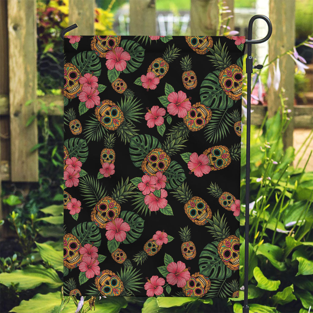 Tropical Calavera Hawaiian Garden Flag Sugar Skull Pineapple Hibiscus Floral DT05 Garden Flag Black - Polynesian Pride