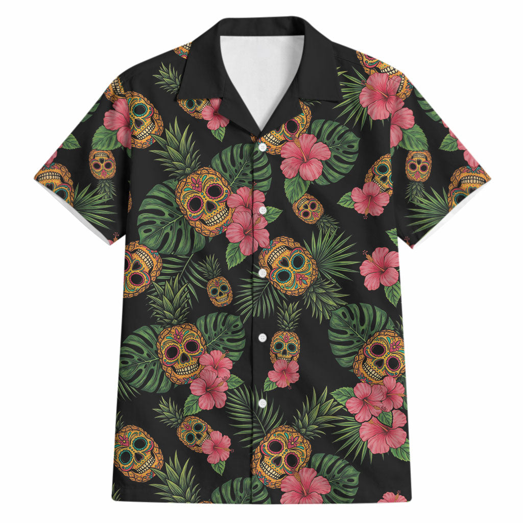Tropical Calavera Hawaiian Hawaiian Shirt Sugar Skull Pineapple Hibiscus Floral DT05 Black - Polynesian Pride