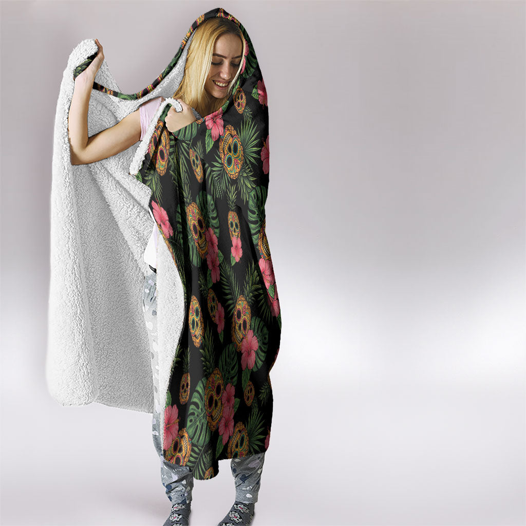 Tropical Calavera Hawaiian Hooded Blanket Sugar Skull Pineapple Hibiscus Floral DT05 - Polynesian Pride