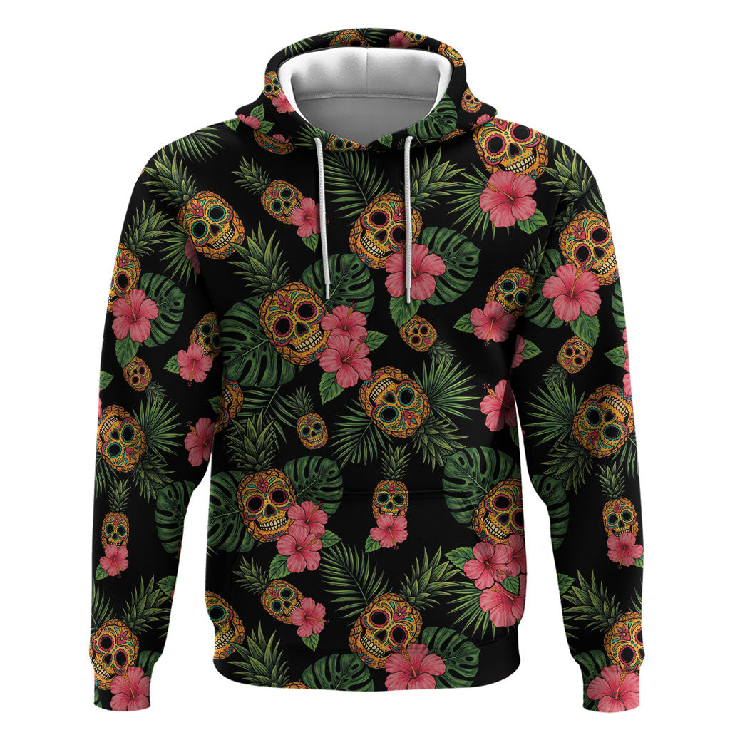 Tropical Calavera Hawaiian Hoodie Sugar Skull Pineapple Hibiscus Floral DT05 Pullover Hoodie Black - Polynesian Pride
