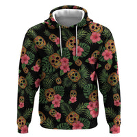 Tropical Calavera Hawaiian Hoodie Sugar Skull Pineapple Hibiscus Floral DT05 Pullover Hoodie Black - Polynesian Pride