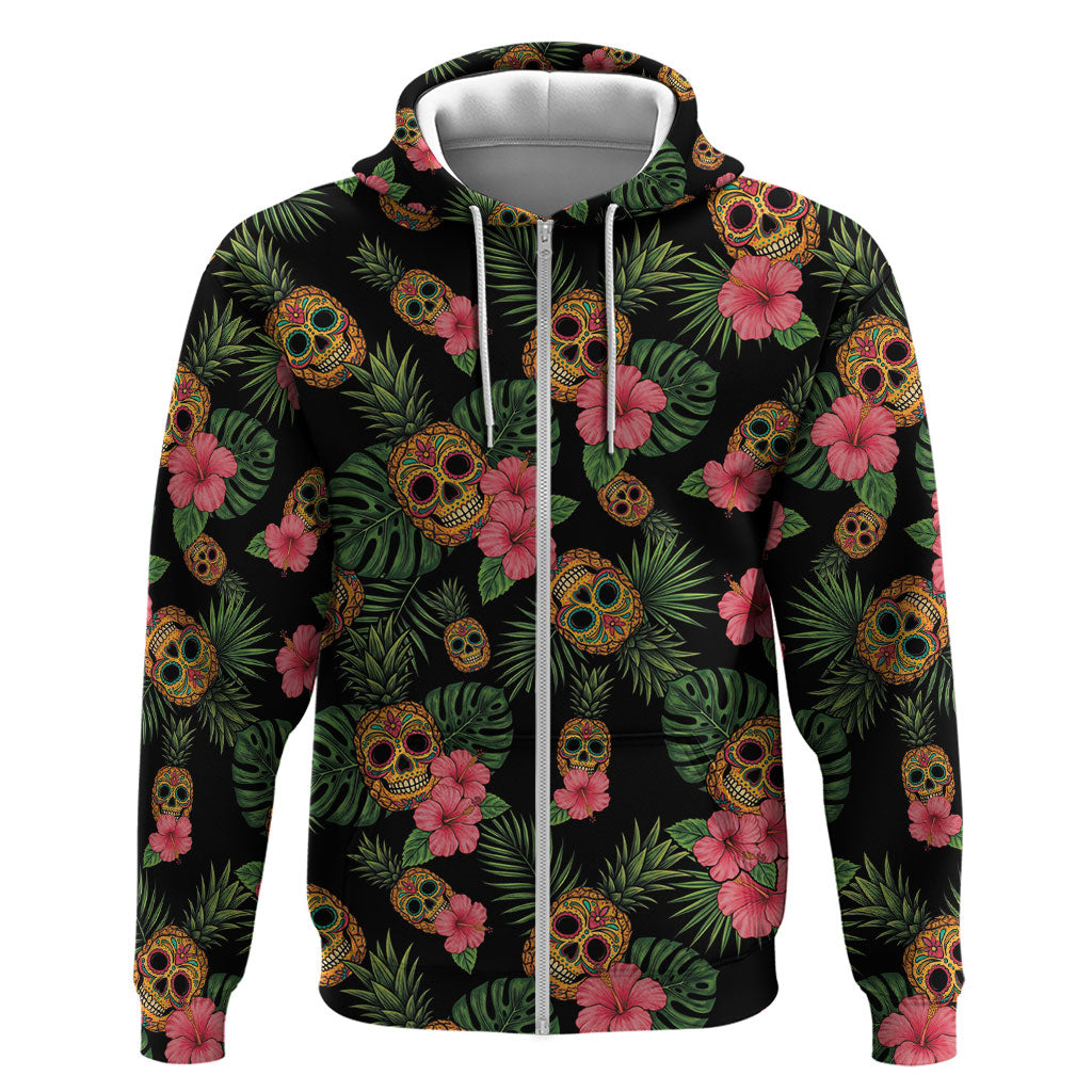 Tropical Calavera Hawaiian Hoodie Sugar Skull Pineapple Hibiscus Floral DT05 Zip Hoodie Black - Polynesian Pride
