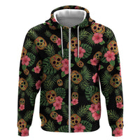 Tropical Calavera Hawaiian Hoodie Sugar Skull Pineapple Hibiscus Floral DT05 Zip Hoodie Black - Polynesian Pride