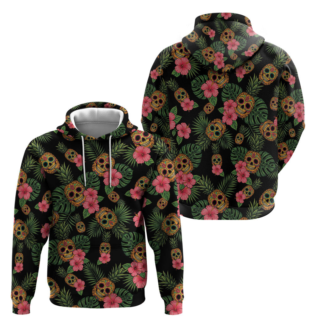 Tropical Calavera Hawaiian Hoodie Sugar Skull Pineapple Hibiscus Floral DT05 - Polynesian Pride