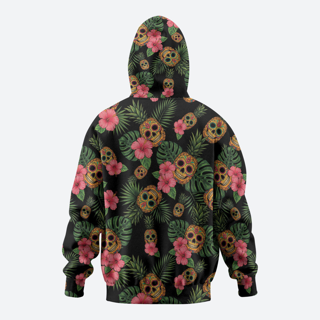 Tropical Calavera Hawaiian Hoodie Sugar Skull Pineapple Hibiscus Floral DT05 - Polynesian Pride