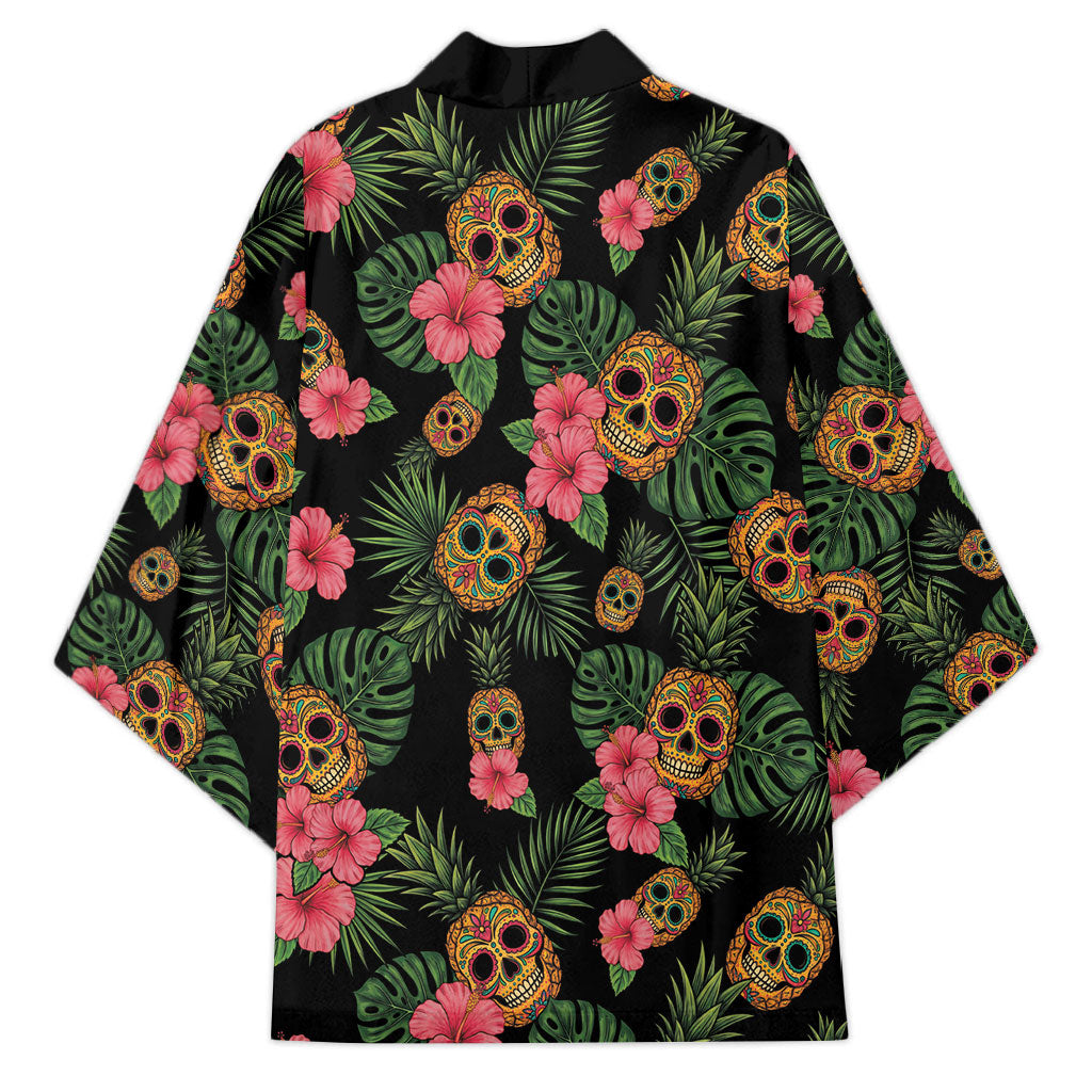 Tropical Calavera Hawaiian Kimono Sugar Skull Pineapple Hibiscus Floral DT05 - Polynesian Pride