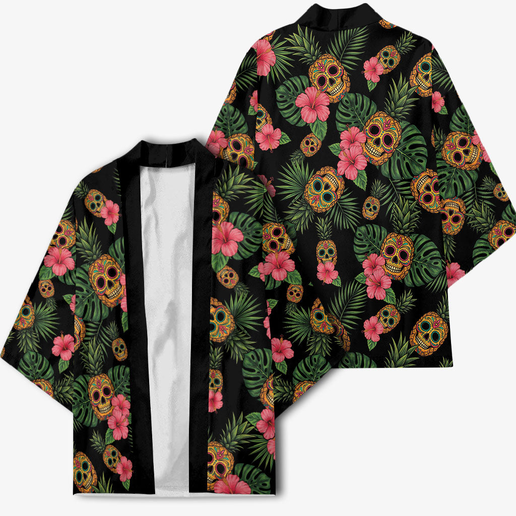 Tropical Calavera Hawaiian Kimono Sugar Skull Pineapple Hibiscus Floral DT05 - Polynesian Pride