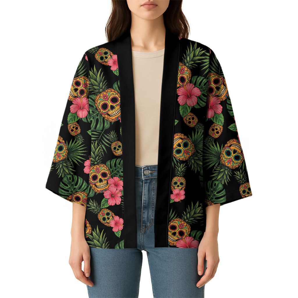 Tropical Calavera Hawaiian Kimono Sugar Skull Pineapple Hibiscus Floral DT05 - Polynesian Pride