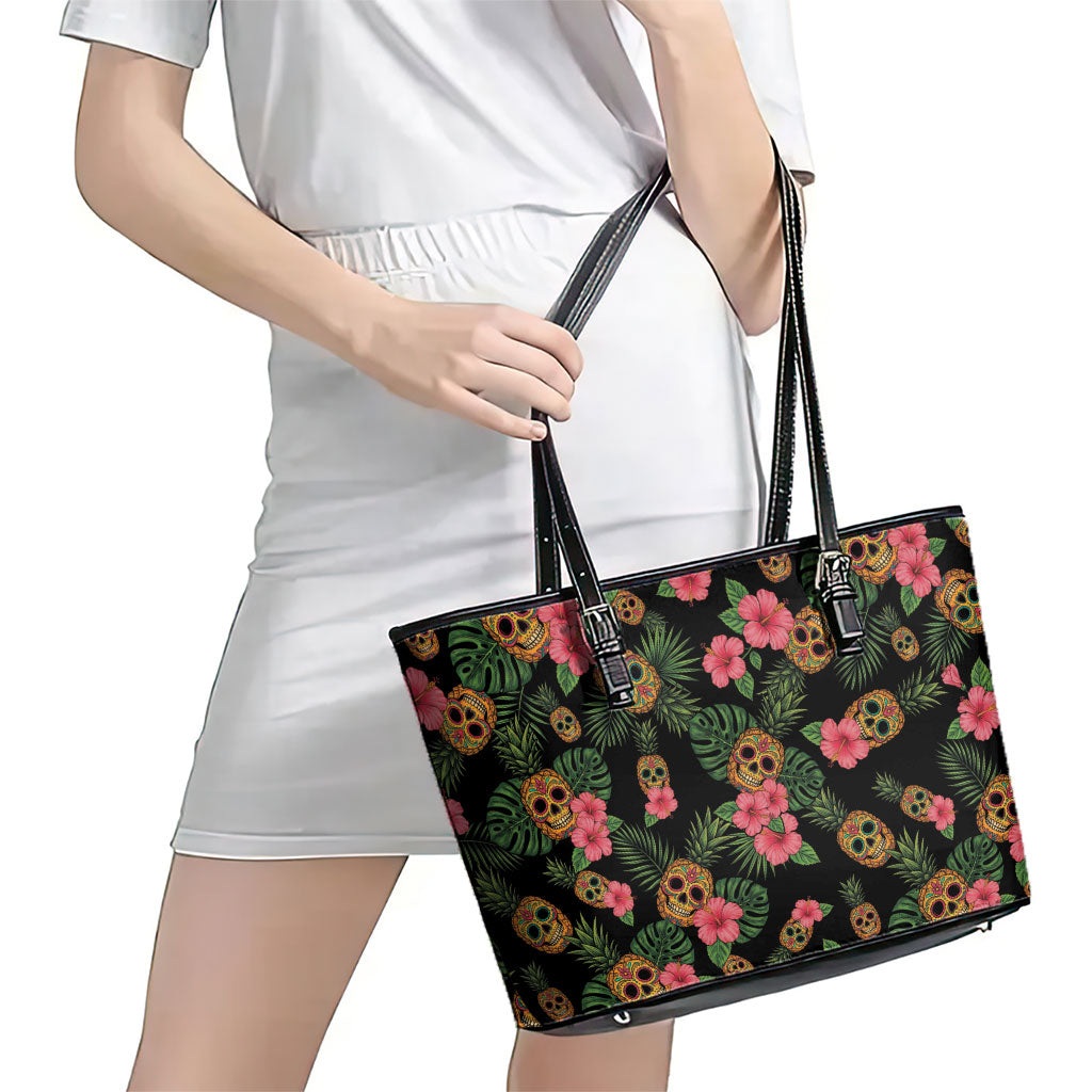Tropical Calavera Hawaiian Leather Tote Bag Sugar Skull Pineapple Hibiscus Floral DT05 - Polynesian Pride