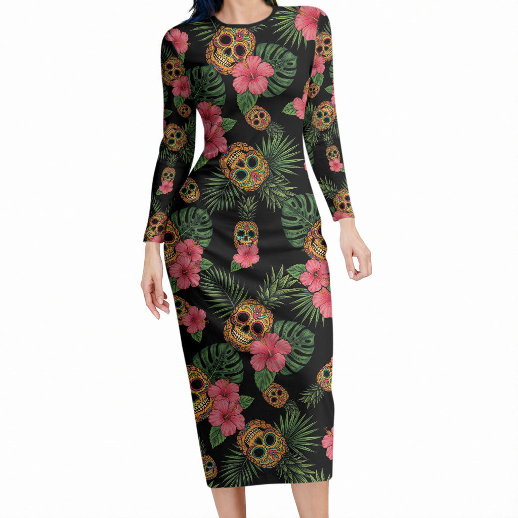 Tropical Calavera Hawaiian Long Sleeve Bodycon Dress Sugar Skull Pineapple Hibiscus Floral DT05 Long Dress Black - Polynesian Pride