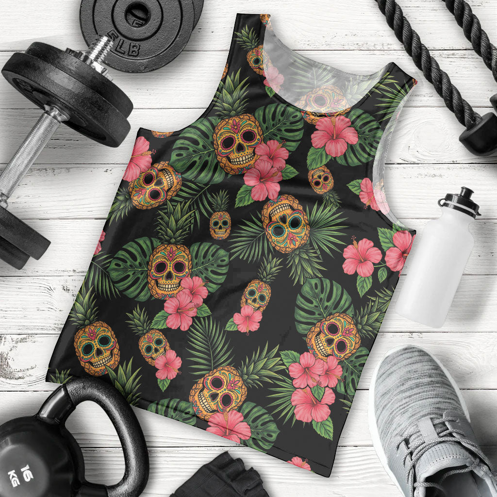 Tropical Calavera Hawaiian Men Tank Top Sugar Skull Pineapple Hibiscus Floral DT05 - Polynesian Pride