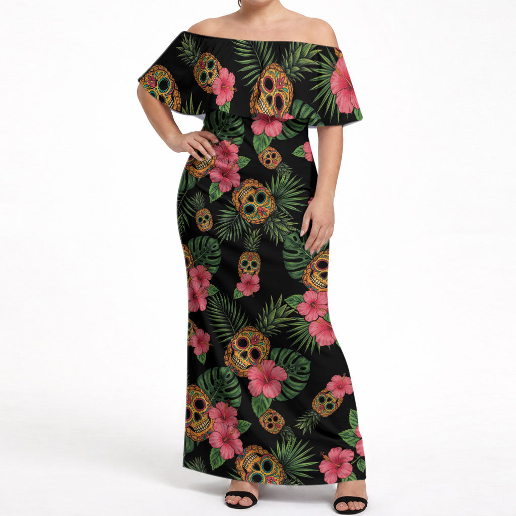 Tropical Calavera Hawaiian Off Shoulder Maxi Dress Sugar Skull Pineapple Hibiscus Floral DT05 Women Black - Polynesian Pride