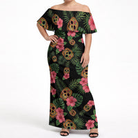 Tropical Calavera Hawaiian Off Shoulder Maxi Dress Sugar Skull Pineapple Hibiscus Floral DT05 Women Black - Polynesian Pride