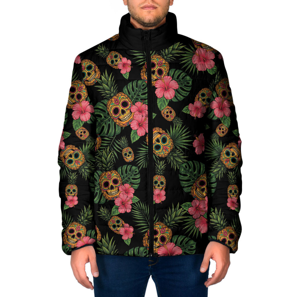 Tropical Calavera Hawaiian Padded Jacket Sugar Skull Pineapple Hibiscus Floral DT05 Men Black - Polynesian Pride