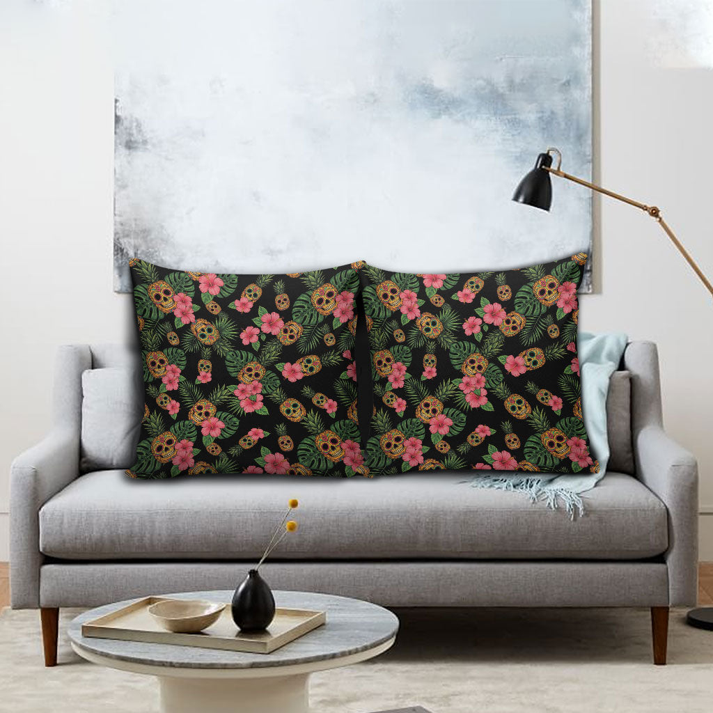 Tropical Calavera Hawaiian Pillow Cover Sugar Skull Pineapple Hibiscus Floral DT05 - Polynesian Pride