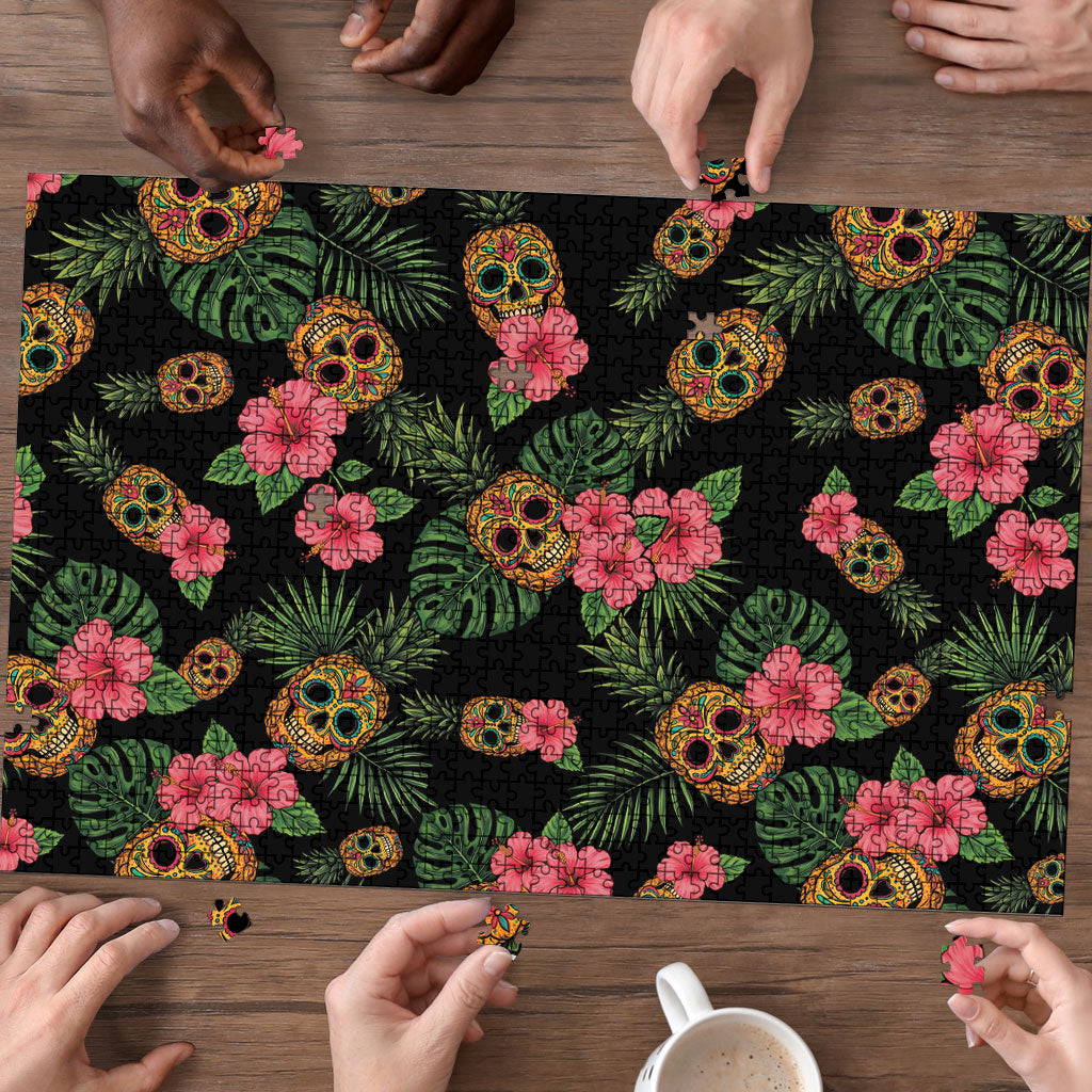 Tropical Calavera Hawaiian Puzzle Sugar Skull Pineapple Hibiscus Floral DT05 - Polynesian Pride