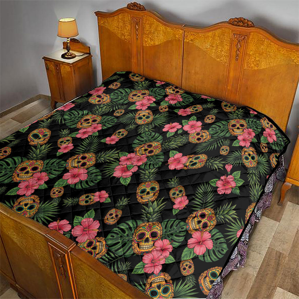 Tropical Calavera Hawaiian Quilt Sugar Skull Pineapple Hibiscus Floral DT05 - Polynesian Pride