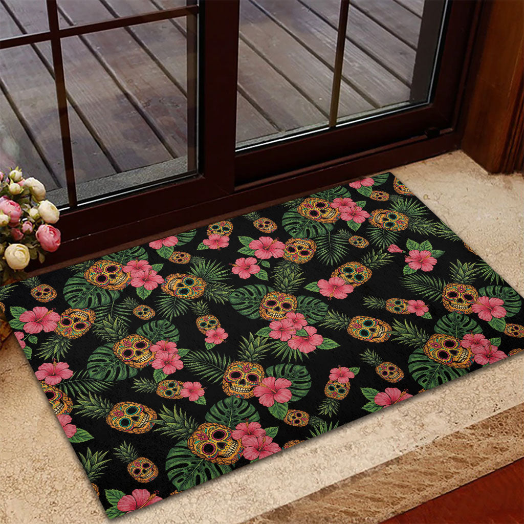 Tropical Calavera Hawaiian Rubber Doormat Sugar Skull Pineapple Hibiscus Floral DT05 - Polynesian Pride