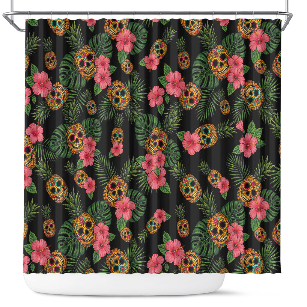 Tropical Calavera Hawaiian Shower Curtain Sugar Skull Pineapple Hibiscus Floral DT05 Black - Polynesian Pride
