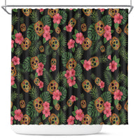 Tropical Calavera Hawaiian Shower Curtain Sugar Skull Pineapple Hibiscus Floral DT05 Black - Polynesian Pride
