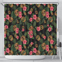 Tropical Calavera Hawaiian Shower Curtain Sugar Skull Pineapple Hibiscus Floral DT05 - Polynesian Pride
