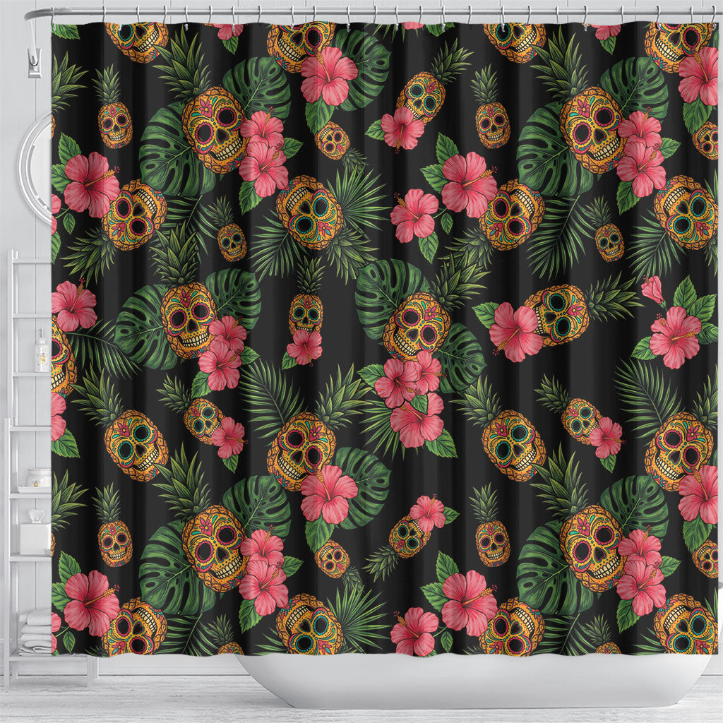 Tropical Calavera Hawaiian Shower Curtain Sugar Skull Pineapple Hibiscus Floral DT05 - Polynesian Pride