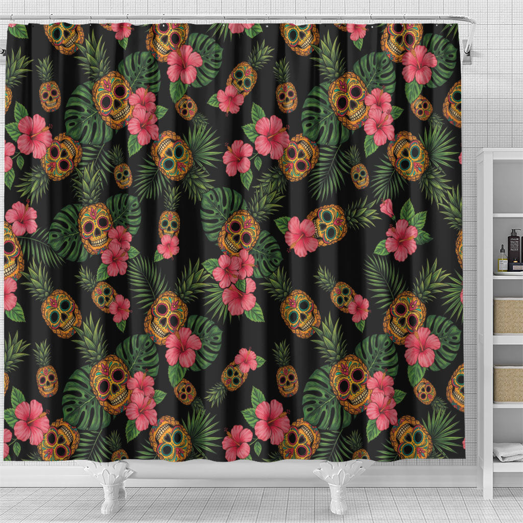 Tropical Calavera Hawaiian Shower Curtain Sugar Skull Pineapple Hibiscus Floral DT05 - Polynesian Pride