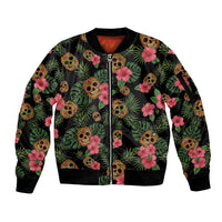 Tropical Calavera Hawaiian Sleeve Zip Bomber Jacket Sugar Skull Pineapple Hibiscus Floral DT05 Unisex Black - Polynesian Pride