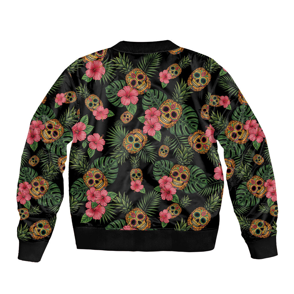 Tropical Calavera Hawaiian Sleeve Zip Bomber Jacket Sugar Skull Pineapple Hibiscus Floral DT05 - Polynesian Pride
