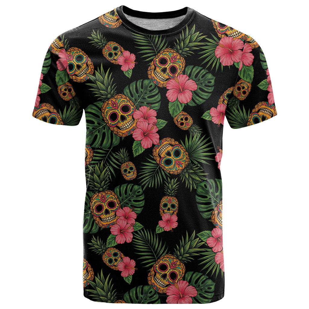 Tropical Calavera Hawaiian T Shirt Sugar Skull Pineapple Hibiscus Floral DT05 Black - Polynesian Pride