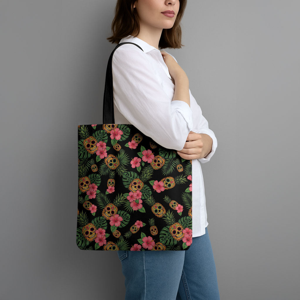 Tropical Calavera Hawaiian Tote Bag Sugar Skull Pineapple Hibiscus Floral DT05 - Polynesian Pride