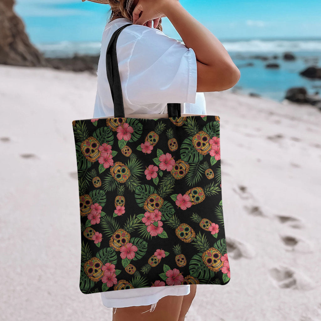 Tropical Calavera Hawaiian Tote Bag Sugar Skull Pineapple Hibiscus Floral DT05 - Polynesian Pride