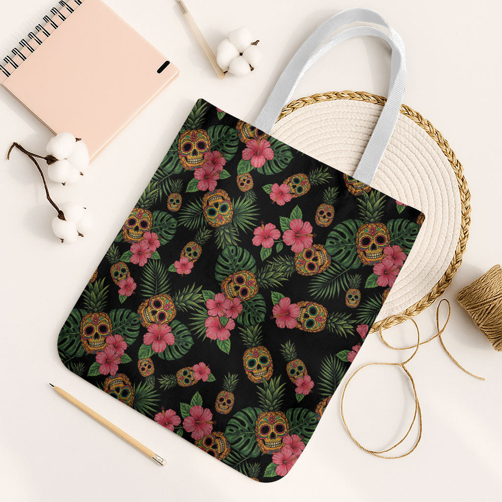 Tropical Calavera Hawaiian Tote Bag Sugar Skull Pineapple Hibiscus Floral DT05 White Strap One Size Black - Polynesian Pride