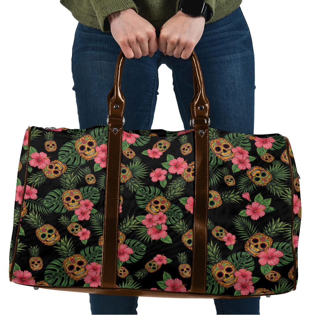 Tropical Calavera Hawaiian Travel Bag Sugar Skull Pineapple Hibiscus Floral DT05 Black - Polynesian Pride